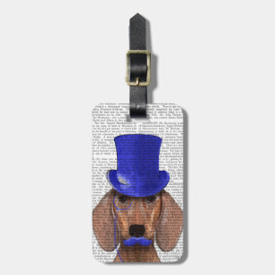 Dachshund With Blue Top Hat and Blue Moustache Luggage Tag