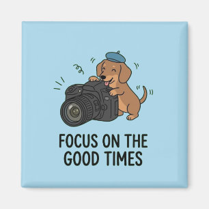 Dachshund With Camera "Focus on Good Times" Blue Magnet