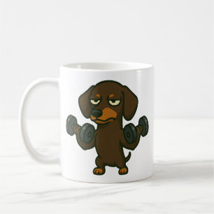 Dachshund with dumbbell fitness training biceps wo coffee mug
