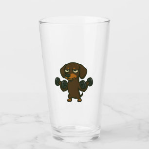 Dachshund with dumbbell fitness training biceps wo glass
