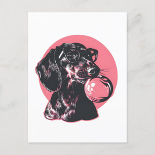 Dachshund with glasses and bubble gum postcard
