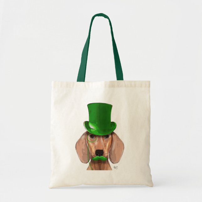 Dachshund With Green Top Hat and Moustache Tote Bag (Front)