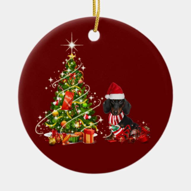 dachshund With Hat Scaft Christmas Ceramic Ornament (Front)