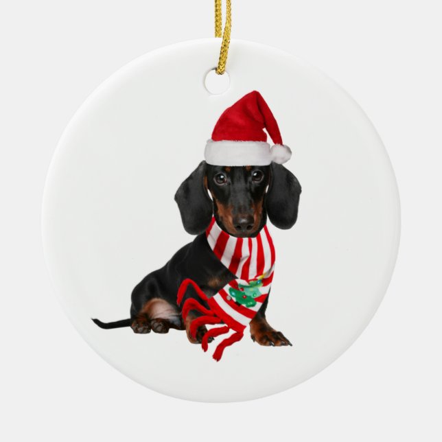 Dachshund With Hat Scaft Christmas Ceramic Ornament (Front)