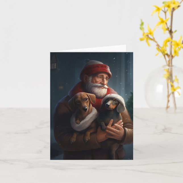 Dachshund With Santa Claus Festive Christmas Card (Yellow Flower)