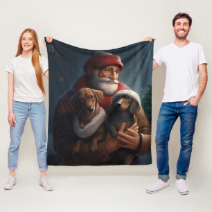 Dachshund With Santa Claus Festive Christmas Fleece Blanket