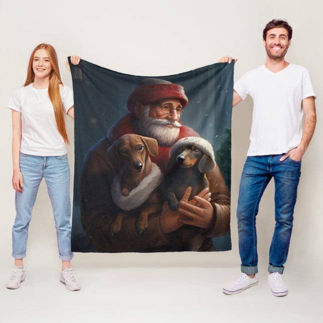 Dachshund With Santa Claus Festive Christmas Fleece Blanket (In Situ)