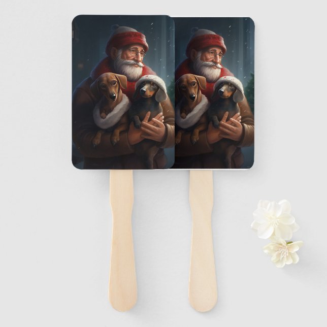 Dachshund With Santa Claus Festive Christmas Hand Fan (Front and Back)