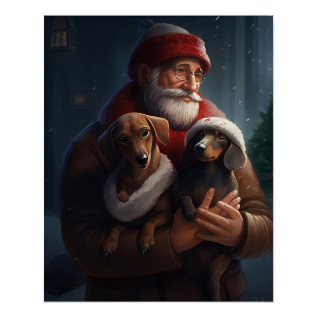 Dachshund With Santa Claus Festive Christmas Poster (Front)