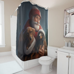 Dachshund With Santa Claus Festive Christmas Shower Curtain