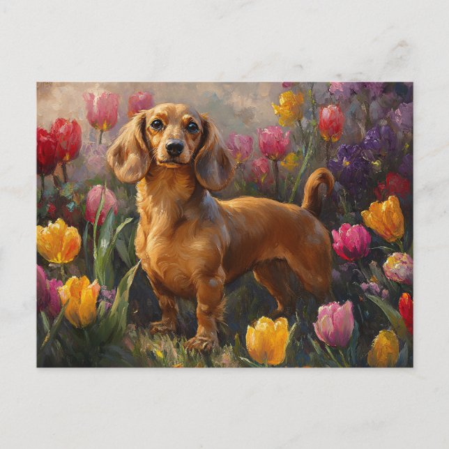 Dachshund with Spring Tulips Painting Postcard (Front)