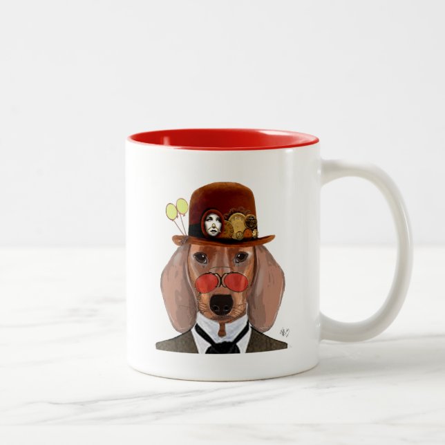 Dachshund with Steampunk Bowler Hat Two-Tone Coffee Mug (Right)