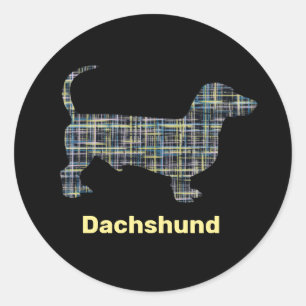 Dachshund Yellow & Blue Grid Lines Abstract Classic Round Sticker