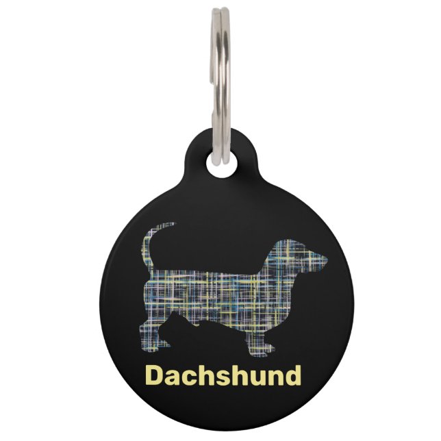 Dachshund Yellow & Blue Grid Lines Abstract Pet Tag (Front)