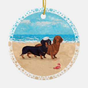 Dachshunds at the Beach Ceramic Tree Decoration