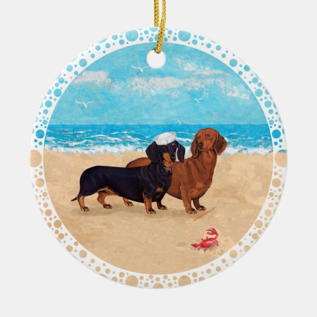 Dachshunds at the Beach Ceramic Tree Decoration (Front)