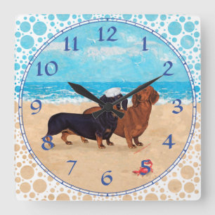 Dachshunds at the Beach Square Wall Clock