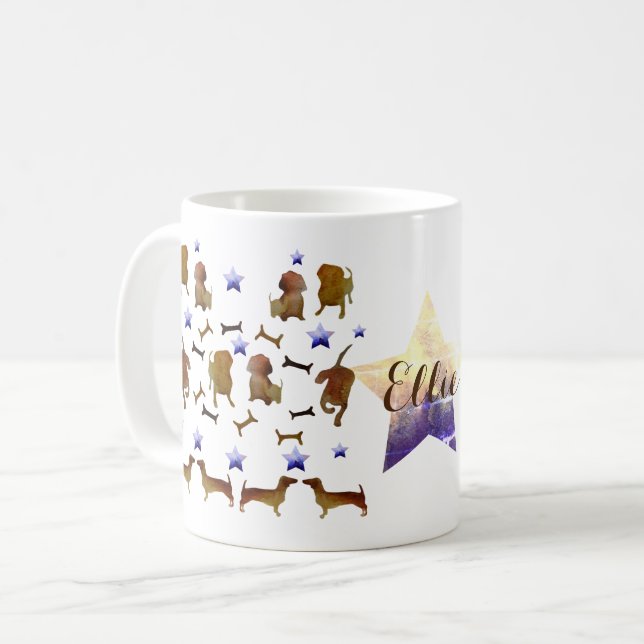Dachshunds & Dog Bones Watercolor Custom Name Coffee Mug (Front Left)