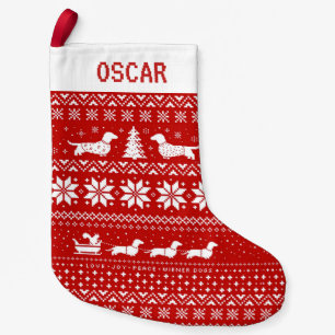 Dachshunds Holiday Red and White Pattern Custom Small Christmas Stocking