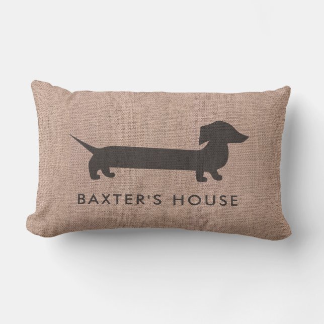 Dachshund's Home Sweet Home Retro Faux Burlap Lumbar Cushion (Front)