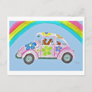  Dachshunds in a Hippie Car Postcard