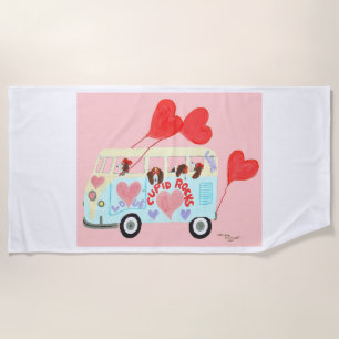 Dachshunds in a Hippie mobile with hearts Beach Towel
