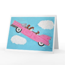 Dachshunds in a Pink Convertible in the sky