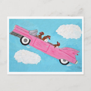 Dachshunds in a Pink Convertible in the sky Postcard