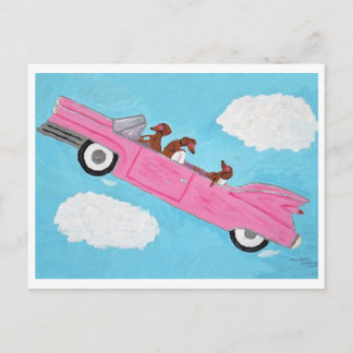 Dachshunds in a Pink Convertible in the sky Postcard
