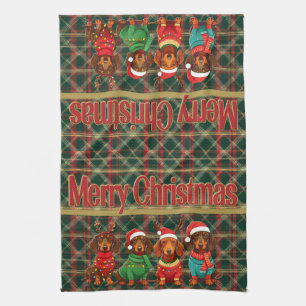 Dachshunds in Antlers & Santa Hats: Christmas Tea Towel