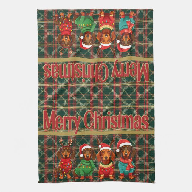 Dachshunds in Antlers & Santa Hats: Christmas Tea Towel (Vertical)