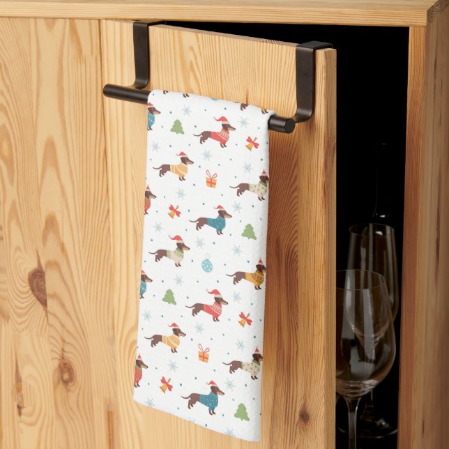 Dachshunds in Christmas Sweaters Pattern Tea Towel (Thirds Fold)