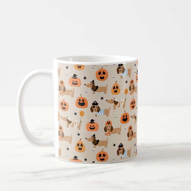 Dachshunds in Halloween Costumes Pattern Coffee Mug (Left)