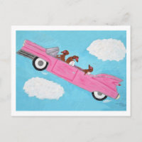 Dachshunds in Pink Convertible in the sky