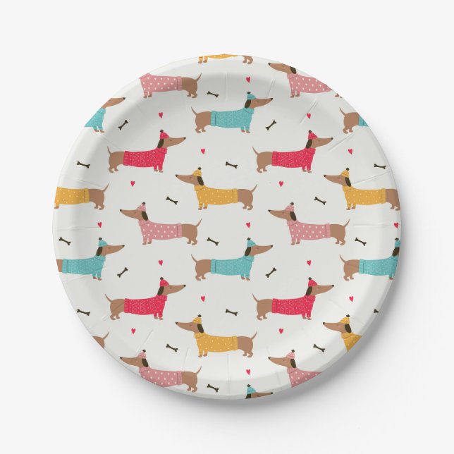 Dachshunds in Sweaters Holiday Pattern Paper Plate (Front)