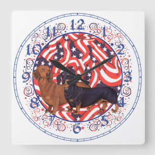 Dachshunds Patriotic Flag Square Wall Clock