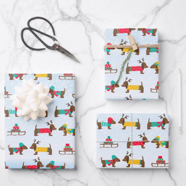 Dachshunds Reindeer Sledge Snow Christmas Pattern Wrapping Paper Sheet (Front)
