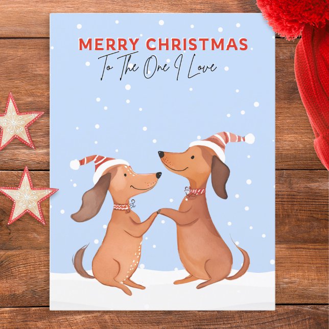 Dachshunds Sausage Dogs One I Love Merry Christmas Postcard (A cute postcard featuring two dachshunds in snow. 'Merry Christmas' and 'To The One I Love' words)