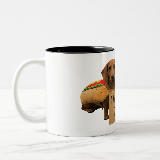 Dachshunds sold as hot dogs Two-Tone coffee mug (Left)