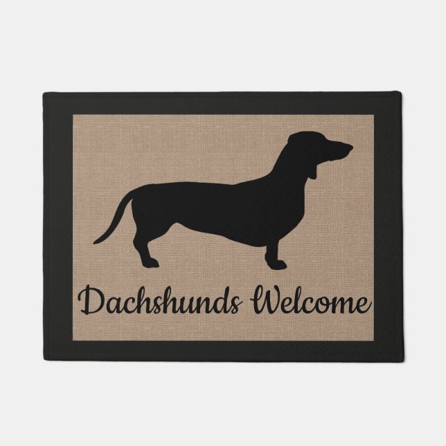 Dachshunds Welcome Faux Burlap Doormat (Front)