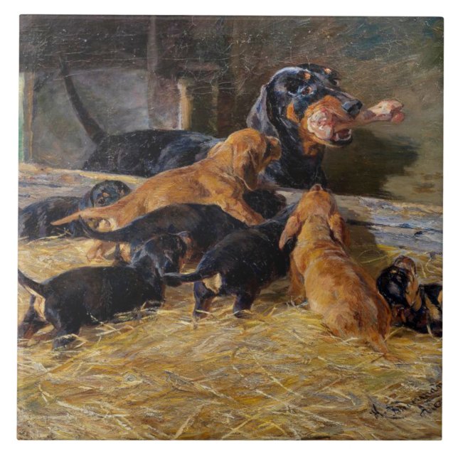 Dachshunds with Puppy in the Stable Hermine Bieder Ceramic Tile (Front)