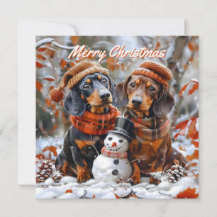 Dachshunds with Snowman Christmas Card