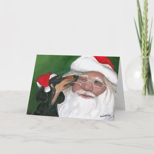 Dacshund's Kiss for Santa Dog Art Greeting Card (Front)