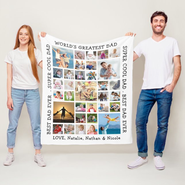Dad 33 Photo Collage Custom Sayings Personalised Fleece Blanket (In Situ)