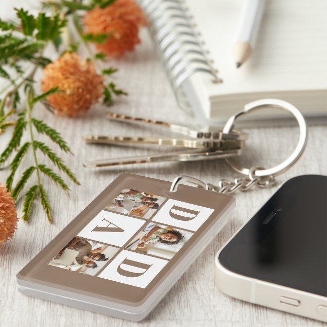 Dad 3 Photo Collage Bold Brown Typography Key Ring (Front Right)