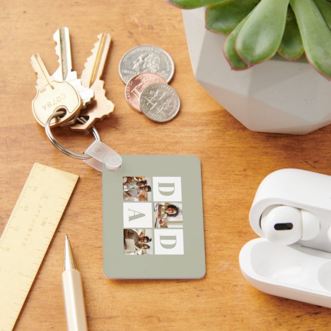 Dad 3 Photo Collage Sage Green Key Ring (Desk)