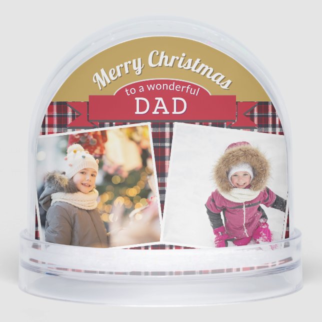 Dad 3 Photos Merry Christmas Tartan Personalised Snowglobe (Front)