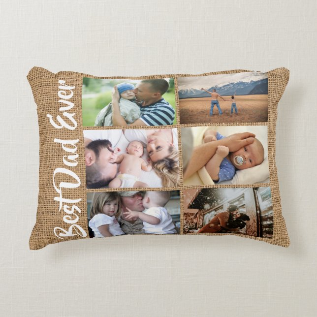 Dad 8 photo collage burlap hessian country rustic decorative cushion (Front)