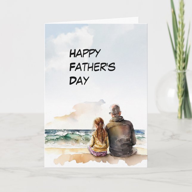 Dad and Daughter waves at beach Father's Day card (Front)
