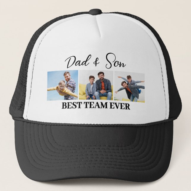 Dad and Son Best Team Ever Custom 3 Photos Trucker Hat (Front)